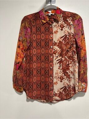 Rose & Olive Rust Cottagecore patchwork Sz:XS paisley floral button-down blouse.